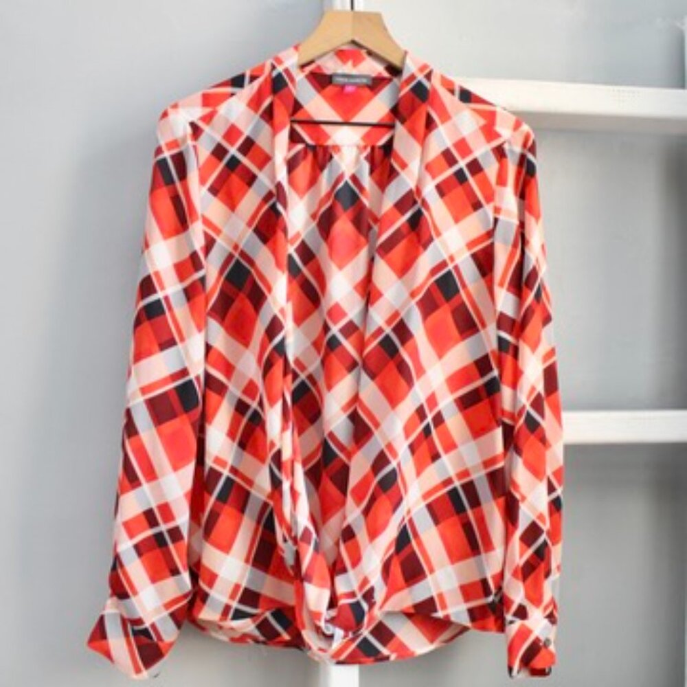 Vince Camuto Women's Red White Plaid Lightweight Long Sleeve Blouse Size XL